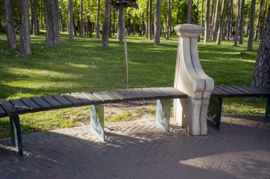 Parkta taş elementleri olan minimalist ahşap bir bank. Sessiz bir parktaki yemyeşil alanların arasında. Konforlu dinlenme alanı. Rahatlayacak yer