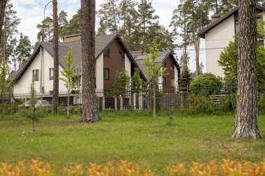 Köyde çam ormanlarıyla çevrili beyaz evler. Evin etrafında çeşitli ağaçlar var. Parkta çimenlik. Doğa koruma alanında bir ev, orman, parkta. Yüksek kalite fotoğraf