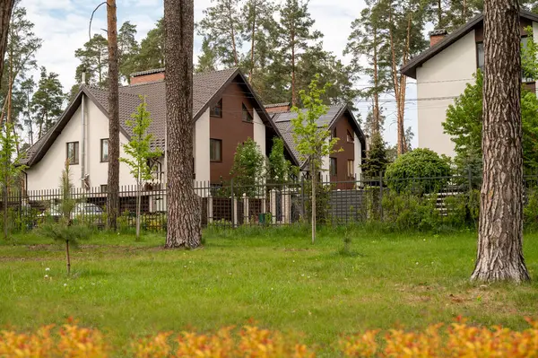 Köyde çam ormanlarıyla çevrili beyaz evler. Evin etrafında çeşitli ağaçlar var. Parkta çimenlik. Doğa koruma alanında bir ev, orman, parkta. Yüksek kalite fotoğraf
