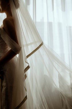 Sarisin gelinin silueti, duvagli, uzun beyaz bir elbiseyle, pencerenin yaninda bir buket zambakla. Minimalist iç mekan, otel ya da ev. Uzun elbiseli gelin.