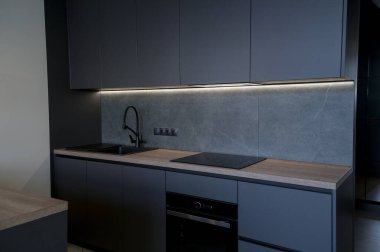 Siyah indüksiyon ocağı olan çağdaş bir mutfak, dahili fırın ve ışıklandırma. Şık ahşap süslemeler ve zarif gri dolaplar işlevsellik ve estetiğe değer veren modern evler için mükemmel.. 