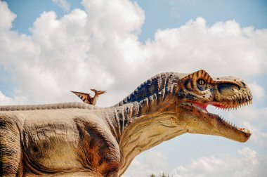 Yapay dinozor tyrannosaurus, dinozorun başını gökyüzüne yakın çekim. İki dinozor. Bir pterodactyl ve bir tyrannosaurus. Dev dinozorun ağzı açık kaldı..