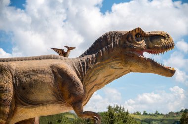 Odessa, Ukrayna - 30 Mayıs 2025: iki dinozor. Pterodactyl ve tyrannosaurus. Dev dinozorun ağzı açık kaldı. Gökyüzüne ve bulutlara karşı iki dinozor. Boşluğu kopyala