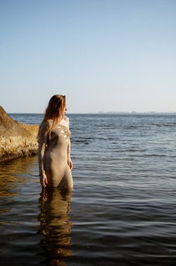 Altın sarısı dar elbiseli zayıf sarışın denizde duruyor. Genç bayanın etrafında deniz. O, akşam güneşi tarafından aydınlatılır. Uzun saçlar rüzgarda dalgalanıyor. Yaz kavramı. Arkasında sarı bir kaya var.