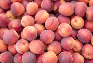 Arka plan olarak taze şeftaliler, üst manzara. Yüksek kalite fotoğraf