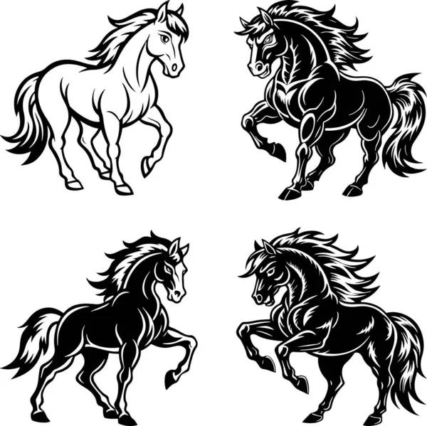 Görkemli siyah beyaz at çizim vektör sanatı, cesur ve zarif