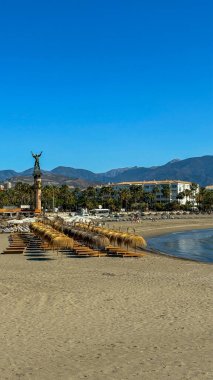 A picturesque Marbella beach featuring rows of thatched sunshades and wooden sun loungers, with the iconic 