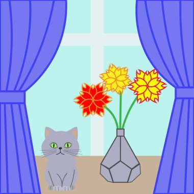 Pencere pervazında gri bir kedi resmi. Parlak çiçekli bir vazonun yanında. Böyle bir sanat senin iç mekanında bir süsleme olacak..