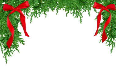 Kırmızı kurdeleli yeşil sedir dalları olan üst çerçeve izole edilmiş.