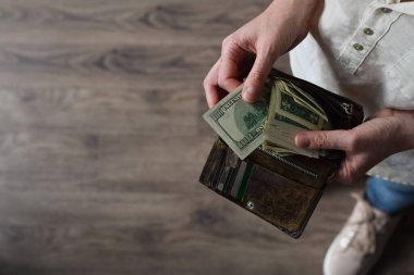 Amerikan dolarlarıyla cüzdanı tutan kadın.