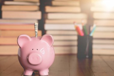 Dolarlık banknot arka planda kitap yığınlarıyla birlikte kumbara içine eklendi
