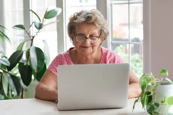 Üst düzey kadın dizüstü bilgisayar kullanarak masada oturuyor.