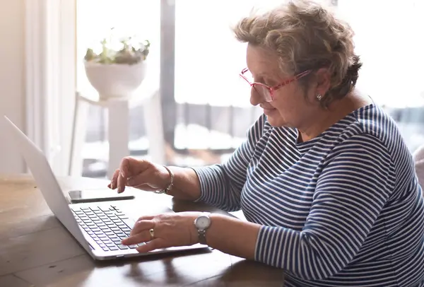 Üst düzey bir kadın dizüstü bilgisayar kullanarak masada oturuyor.
