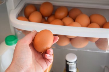 Kişinin eli Agirator rafından taze kahverengi bir yumurta alıyor.