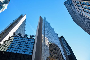 5 Ekim 2024 'te Toronto Ontario Kanada' nın Financial District kentindeki yüksek camlı ofis binalarına bakıyorum.