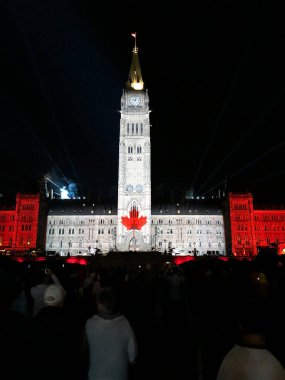 Ottawa, Ontario Canada - 30 Ağustos 2018: Parliament Hill 'de Kuzey Işıkları' nı izleyen kalabalık