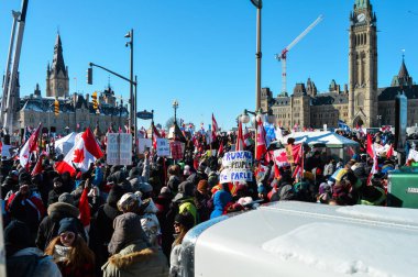 Ottawa, Ontario, Kanada - 5 Şubat 2022: Özgürlük Konvoyu 'nda pandemik kısıtlamaları ve görevleri protesto eden bayraklı ve tabelalı bir kalabalık