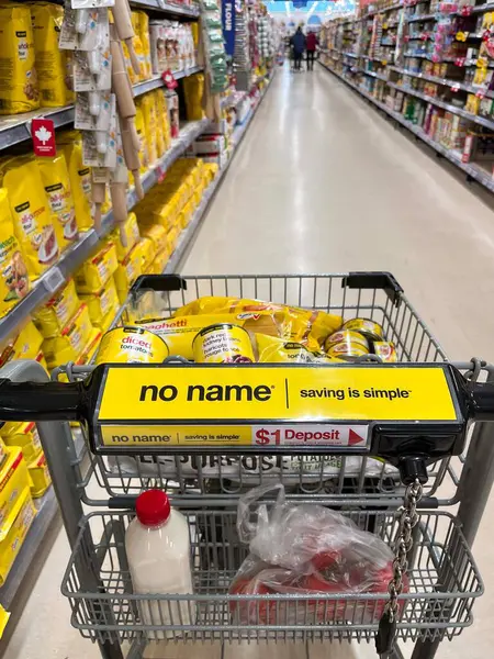 Newmarket Ontario Canada 'daki Real Canadian Superstore' da 24 Mart 2025 'te bir alışveriş arabasında markasız ürünler