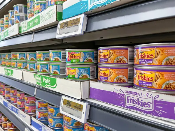 Newmarket, Ontario, Kanada - 20 Mayıs 2025: Friskies Real Canadian Superstore raflarında kedi maması markası