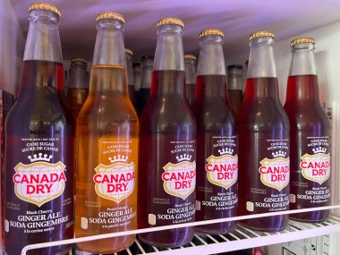 Vaughan, Ontario, Kanada - 28 Temmuz 2025: Kanada Girator rafında aromalı içecek içeren kuru cam şişeler