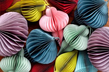 Çok renkli bir grup diy balpeteği kağıdı Noel süsleri arka planda birbirine yakın.