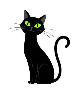 Büyük Gözler ve Kıvrık Kuyruklu Kara Kedi Çizimi 