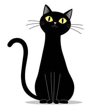 Büyük Gözler ve Kıvrık Kuyruklu Kara Kedi Çizimi 