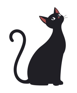 Büyük Gözler ve Kıvrık Kuyruklu Kara Kedi Çizimi 