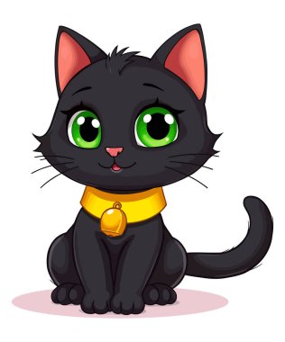 Büyük Gözler ve Kıvrık Kuyruklu Kara Kedi Çizimi 