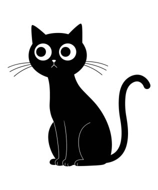 Büyük Gözler ve Kıvrık Kuyruklu Kara Kedi Çizimi 