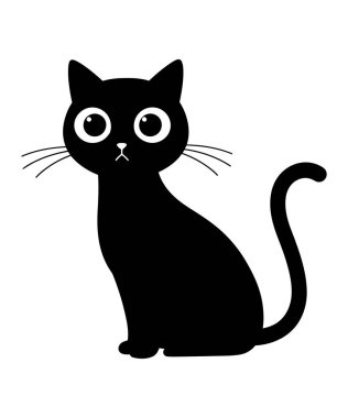 Büyük Gözler ve Kıvrık Kuyruklu Kara Kedi Çizimi 