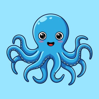 Büyük Gözlü ve Mutlu Gülümseyen Sevimli Mavi Ahtapot Çizgi Filmi 