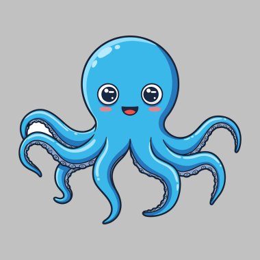 Büyük Gözlü ve Mutlu Gülümseyen Sevimli Mavi Ahtapot Çizgi Filmi 