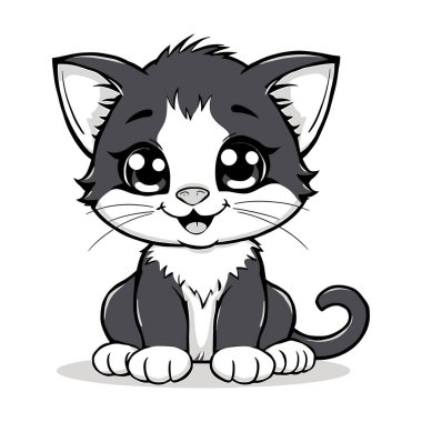 Büyük Gözlü Sevimli Çizgi Film Kedisi Oyuncak Kedi Karakterinin Tatlı Siyah ve Beyaz Çizimi