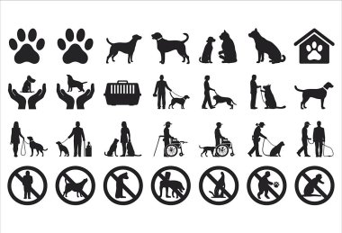 Köpek İlgili Simgeler ve İmza Derleme Siyah Siluetler Sahiplerine Yardım Etme ve Köpek Yasaklama Sembolleri