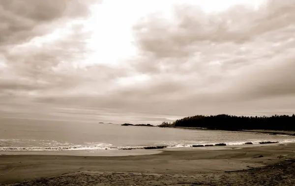Karamsar bir kıyı şeridi dramatik ve bulutlu bir gökyüzü altında ele geçirildi. Sepya tonları, okyanus dalgalarının ham güzelliğini arttırır. Uzak kayalıklar tarafından çerçevelenmiş, el değmemiş kumlu plajla nazikçe buluşur..