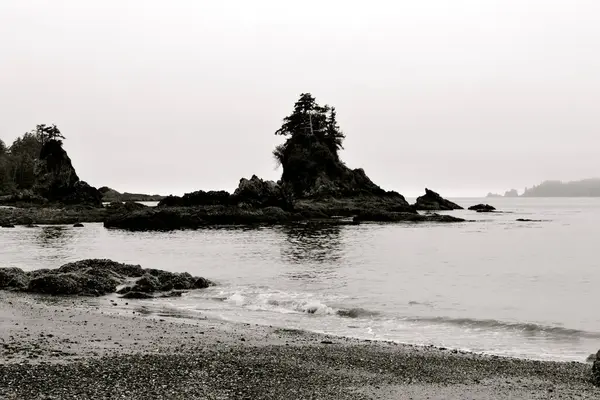 Kanada 'nın Britanya Kolumbiyası' nın batı Pasifik kıyısında sakin sularla çevrili engebeli adaların sakin bir manzarası uzanır. Bu sakin kıyı manzarası karamsar siyah ve beyaz bir formda yakalanır.. 