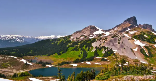 İngiliz Kolombiya Kolumbiyası 'ndaki Garibaldi İl Parkı' nda canlı dağlık çayırların ve el değmemiş turkuaz göllerin üzerindeki Siyah Tusk Tepesi kuleleri. Karla kaplı yamaçlar, yemyeşil ve engebeli araziler..
