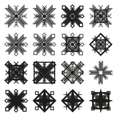 Kar tanesi ikonu. Kış şablonu. Siyah donmuş şekil. Simetrik tasarım sembolü. EPS 10.