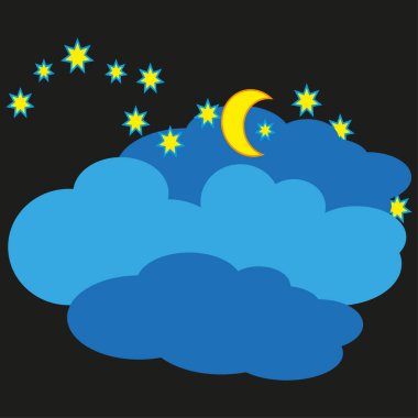 Gece gökyüzü çizimi. Ay ve yıldızlar. Mavi bulut vektörü. Karanlık arka plan sahnesi. EPS 10.