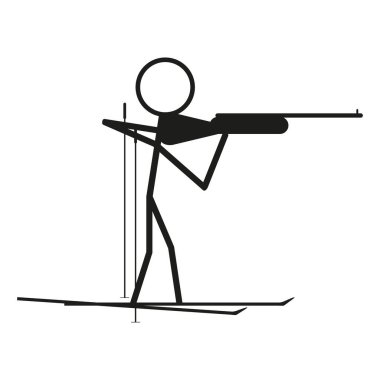 Biatlon kayakçı ikonu. Atış sporu vektörü. Kayaklardaki çöp adam. Siyah beyaz taslak. EPS 10.
