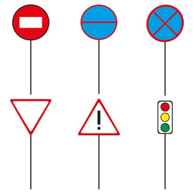 Trafik sembolü seti. Dur ve yol ver işaretleri ver. Kırmızı ve mavi şekiller. Beyaz arka plan tasarımı. EPS 10.