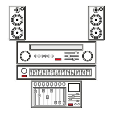 Ses sistemi çizimi. Ses hoparlörleri kuruldu. Müzikal ekipman vektörü. Modern ses kontrolü. EPS 10.