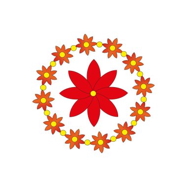 Çiçek çelengi vektörü. Kırmızı ve sarı çiçekler. Dairesel dekoratif tasarım. Bahar çiçeği. EPS 10.