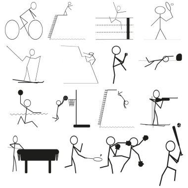 Spor ikonları hazır. Sopalı sporcular. Minimalist vektör grafiği. Siyah siluet sembolleri. EPS 10.