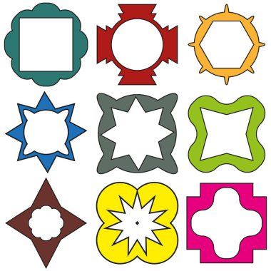 Renkli çerçeve koleksiyonu. Dekoratif geometrik şekiller. Soyut çok renkli desenler. Vektör sanat tasarımları. EPS 10.