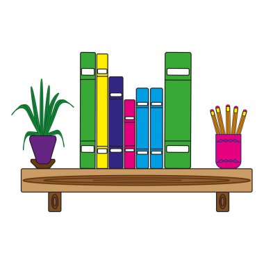 Bitkilerle dolu bir kitaplık. Renkli kitap düzenlemesi. Vektör sabit. Organize ofis dekorasyonu. EPS 10.