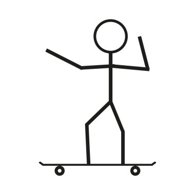 Stickman kaykayda. Patenli hareket ikonu. Dönen vektör figürü. Spor etkinliği sembolü. EPS 10.