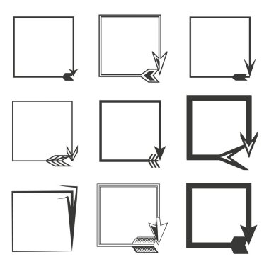 Ok çerçeve koleksiyonu. Kare sınır belirlendi. Minimalist vektör elementleri. Yönlendirici dekoratif tasarım. EPS 10.