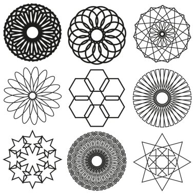 Geometrik kalıp simgesi. Dairesel mandala sembolü. Yıldız ve altıgen şekilleri. Vektör simetrik tasarımı. EPS 10.
